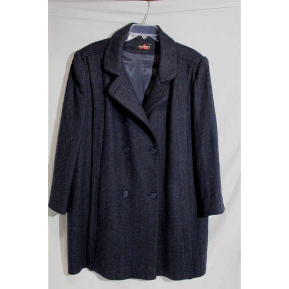 Vtg Alorna Blue Herringbone Double Breasted Wool Blend Peacoat Pockets Women's L - Picture 1 of 14